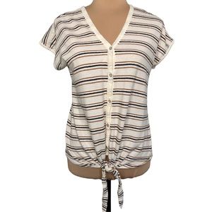Lucky Brand White  Striped V-Neck Tie Front T-Shirt, Size S